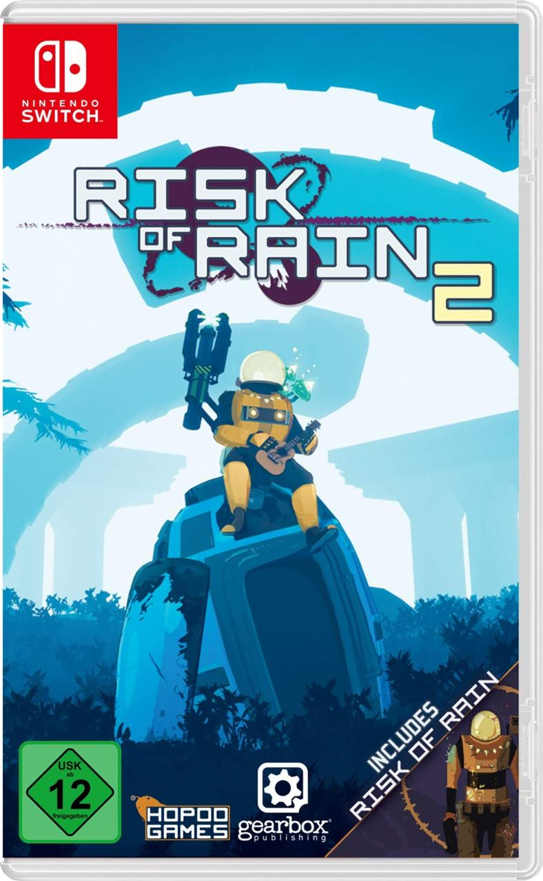 Nintendo Switch-Spielhülle für Risk of Rain 2, mit einer Figur mit einer Waffe.