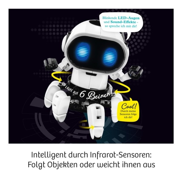 Weißes Roboter-Spielzeug mit blauen LED-Augen, schwarzen Akzenten und Textblasen auf dunklem Hintergrund.
