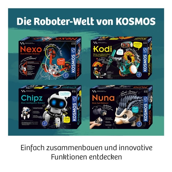 Vier bunte Roboter-Spielzeugboxen mit deutschem Text. Weißer Hintergrund.