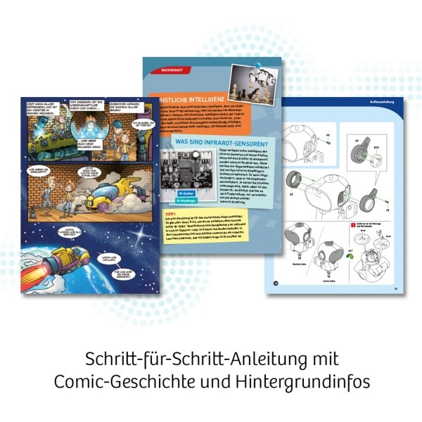 Drei Seiten aus einem Comic mit Schritt-für-Schritt-Anleitungen. Der Comic handelt von einem Raumschiff und Robotern.