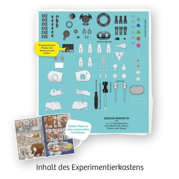 Eine Kiste mit Roboterteilen und einem Comic.