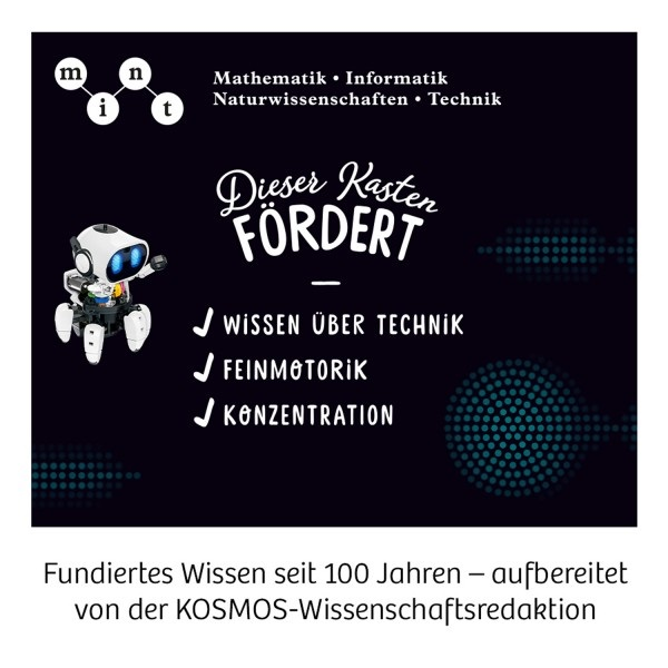 Grafik mit Roboter, Text, der technisches Wissen, Feinmotorik und Konzentration bewirbt.