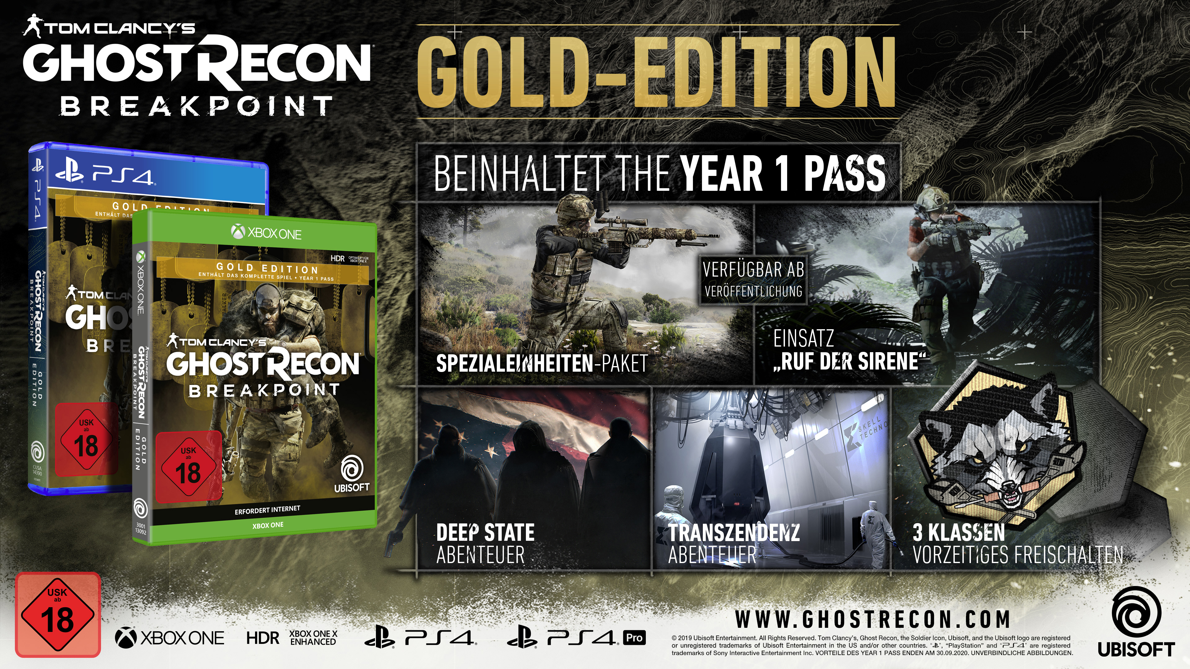 Spielbox-Set mit Ghost Recon Breakpoint. Enthält Spiel, DLC und einen Patch. Gold Edition, schwarzer Hintergrund.