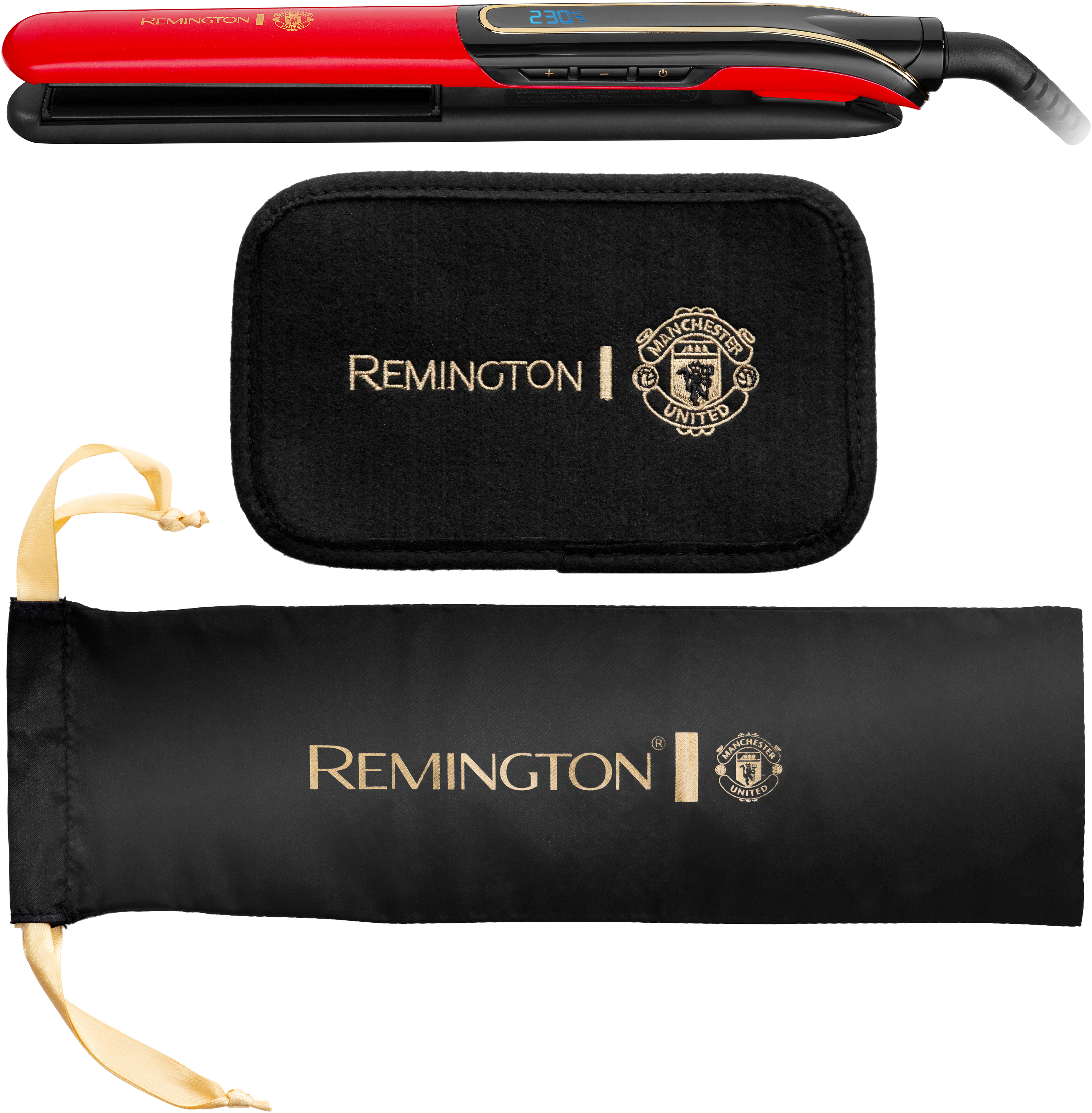 Ein rotes und schwarzes Remington-Glätteisen, eine schwarze Hülle und eine schwarze Tasche mit dem Manchester United-Logo.