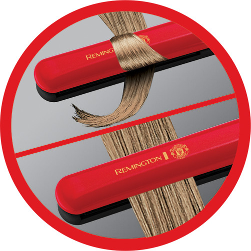 Roter Remington-Haarglätter mit Haarsträhnen. Das Gerät hat ein Manchester United-Logo. Der Hintergrund ist grau und rot.