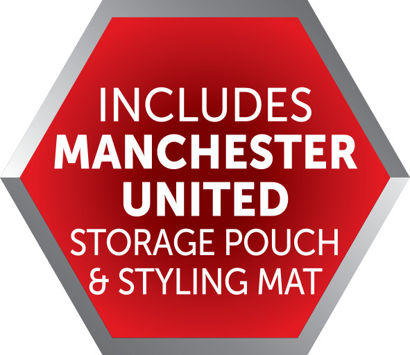 Roter Sechseck mit weißem Text: Enthält Manchester United Aufbewahrungstasche & Styling-Matte.