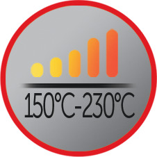 Rundes graues Symbol mit Temperaturbalken und Text: 150°C-230°C, innerhalb eines roten Kreises.