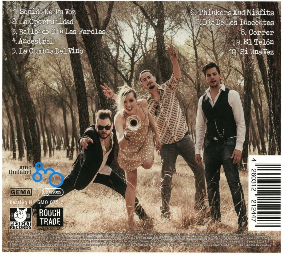 CD-Cover mit Bandmitgliedern, Waldhintergrund. Albumtitel und Titelliste auf Spanisch.