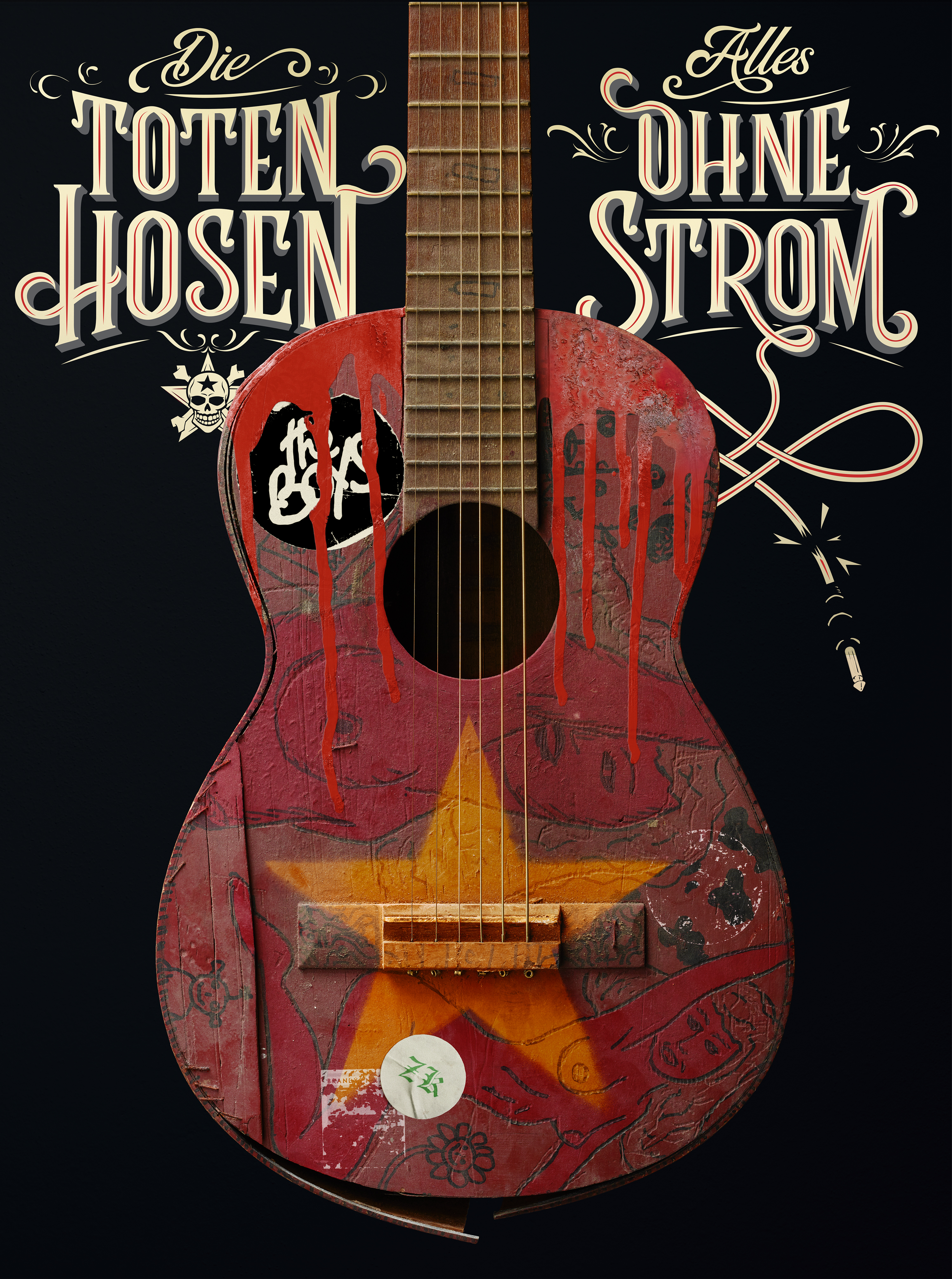 Rote und gelbe Gitarre mit Text, schwarzer Hintergrund. Die Gitarre hat einen Stern und einen Aufkleber mit roten Farbtropfen.