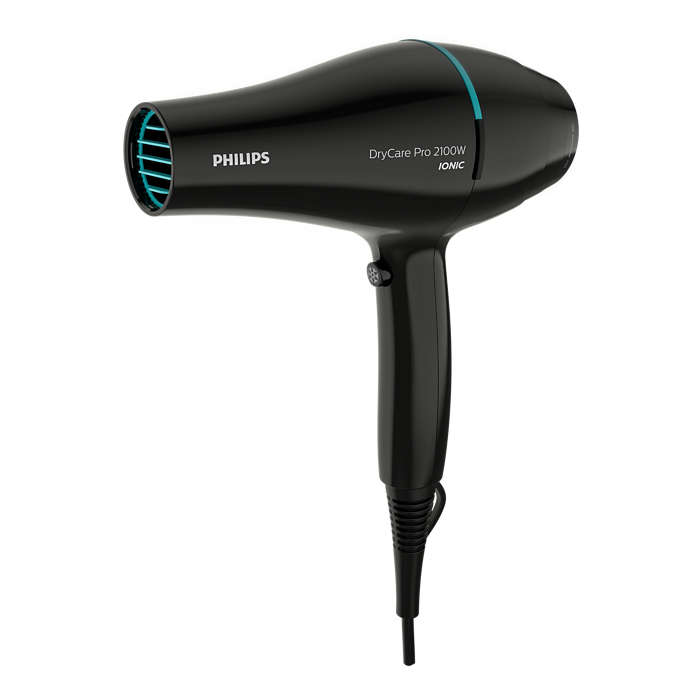 Black Philips hair dryer with blue accents and the DryCare Pro 2100W label.