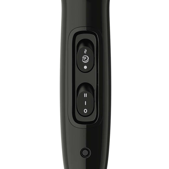 Close up of a black hair dryer handle, with two buttons and an on/off button at the bottom.