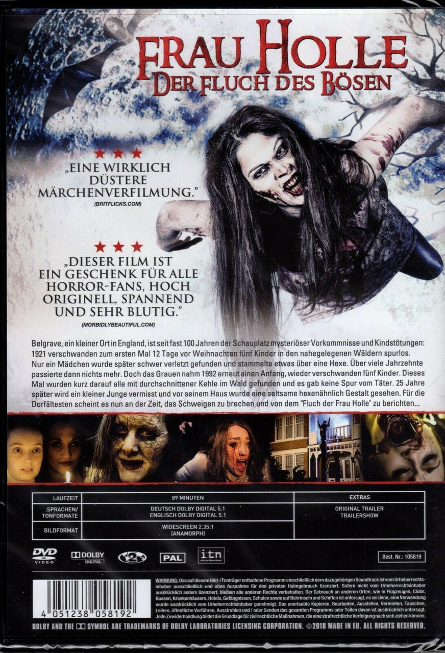 Filmcover: Frau mit blasser Haut, dunklem Haar und blutigem Mund. Titel: Frau Holle, Der Fluch des Bösen.