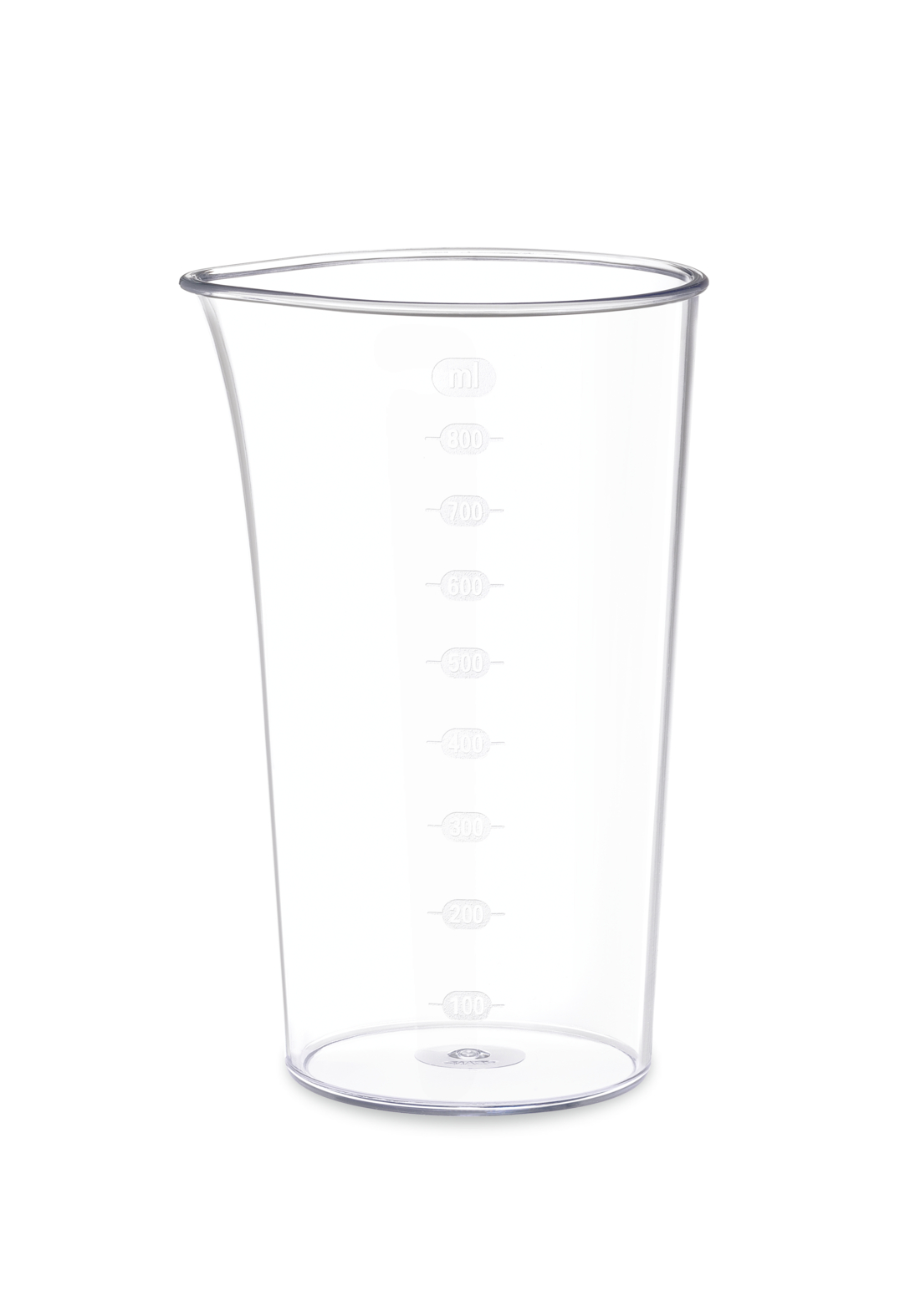 Transparante plastic maatbeker met witte meetmarkeringen van 100 ml tot 800 ml.