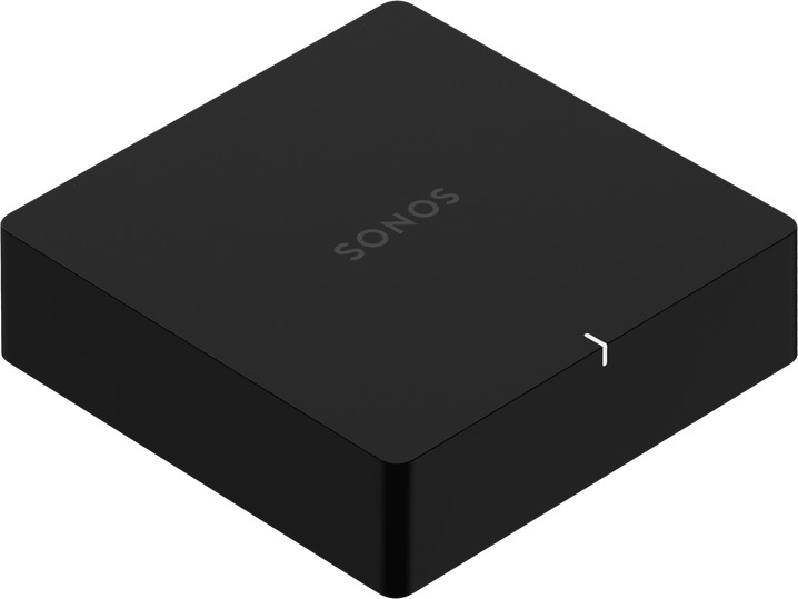 Schwarze Sonos Sound System Box. Der Markenname ist auf der Oberseite der Box aufgedruckt.