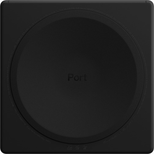 Schwarze kabellose Ladestation mit dem Wort 'Port'.