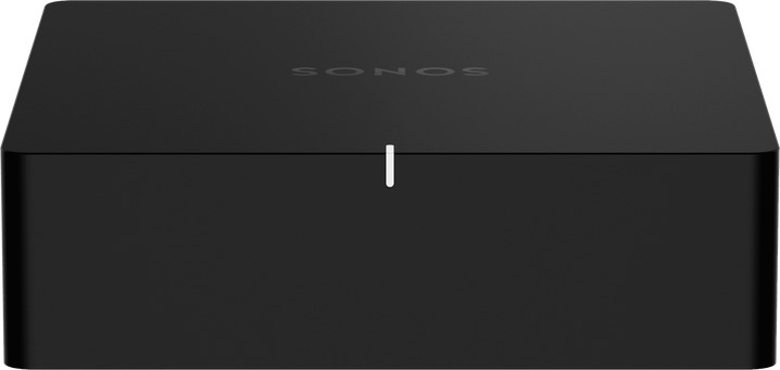 Schwarzer Sonos-Lautsprecher mit einer kleinen weißen Linie. Der Lautsprecher hat das Sonos-Logo oben.
