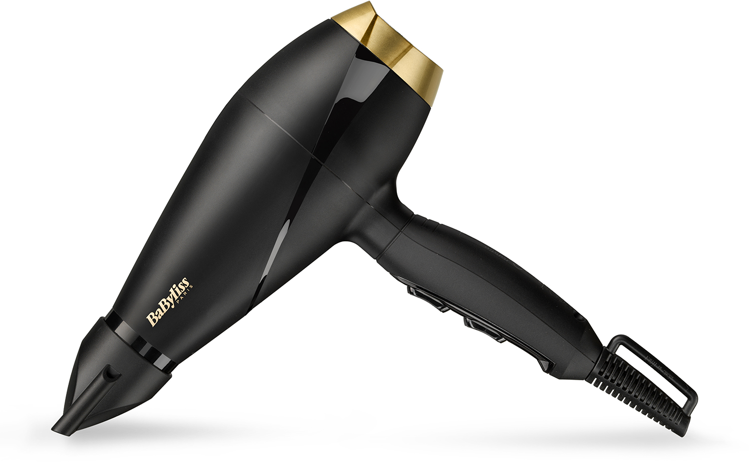 Black and gold hair dryer, angled to the left. The product has the brand name BaByliss.