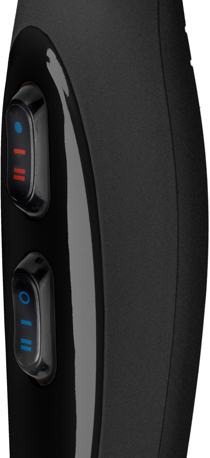 Close-up of a black hair dryer handle with two buttons. Red and blue lights.