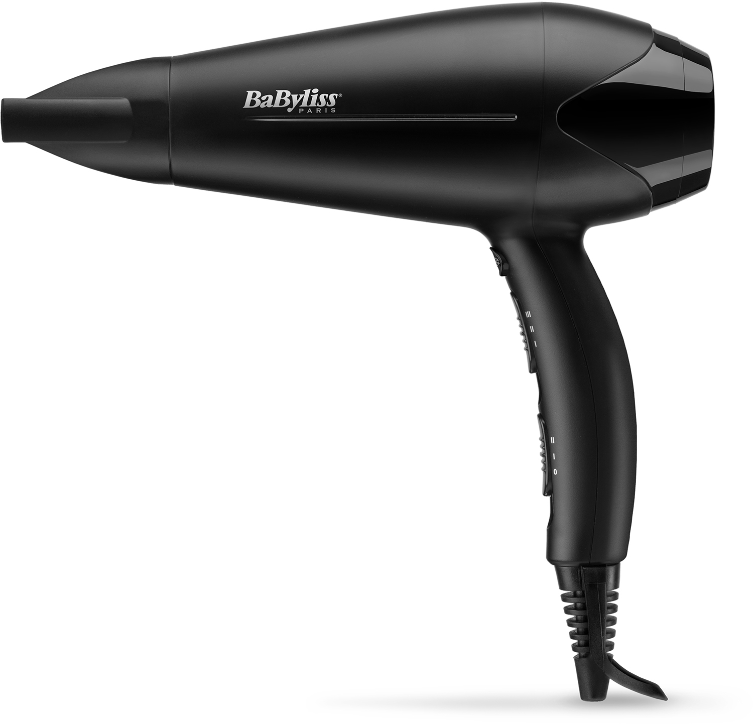 A black hair dryer with a long handle. The dryer has buttons and settings.
