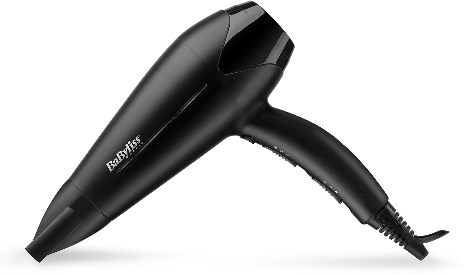 A black hair dryer, angled to the right, with a cord attached.