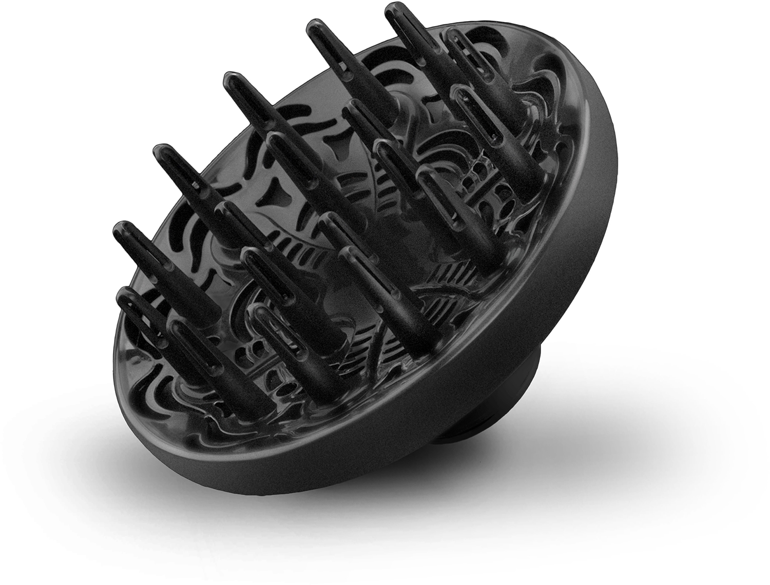 Black hair dryer diffuser with many prongs, angled view. White background.