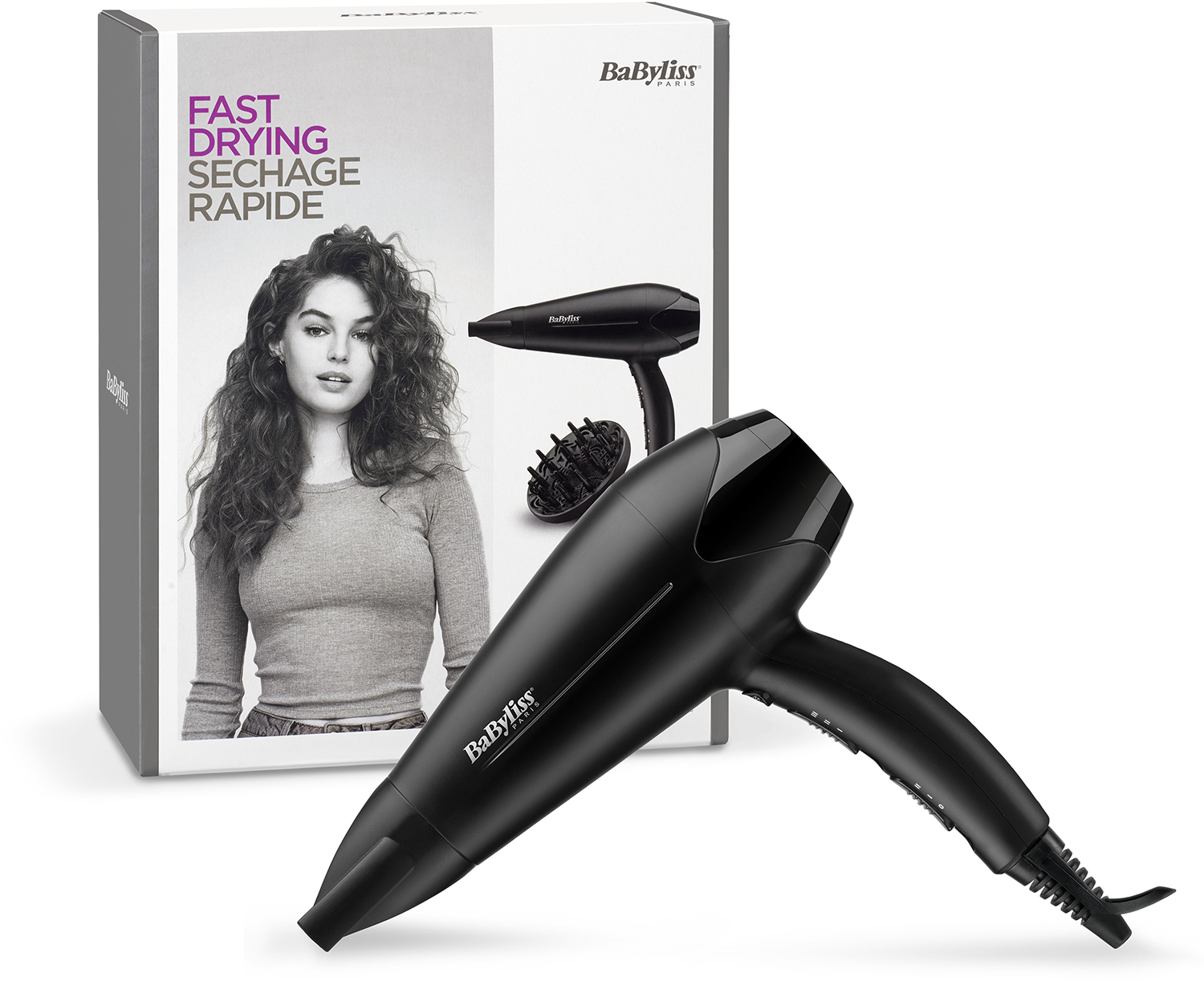 A black hair dryer with a box featuring a woman with curly hair. The box reads 'FAST DRYING'.