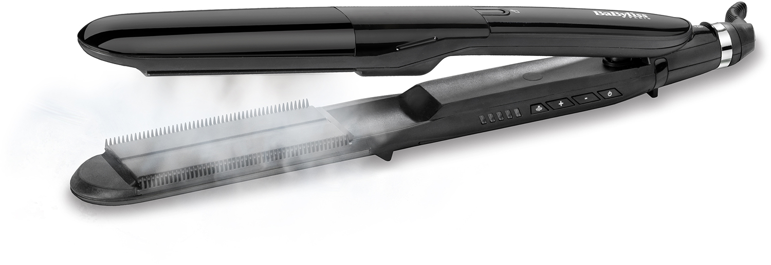 Black Babyliss hair straightener with steam, steam visible from the plates.