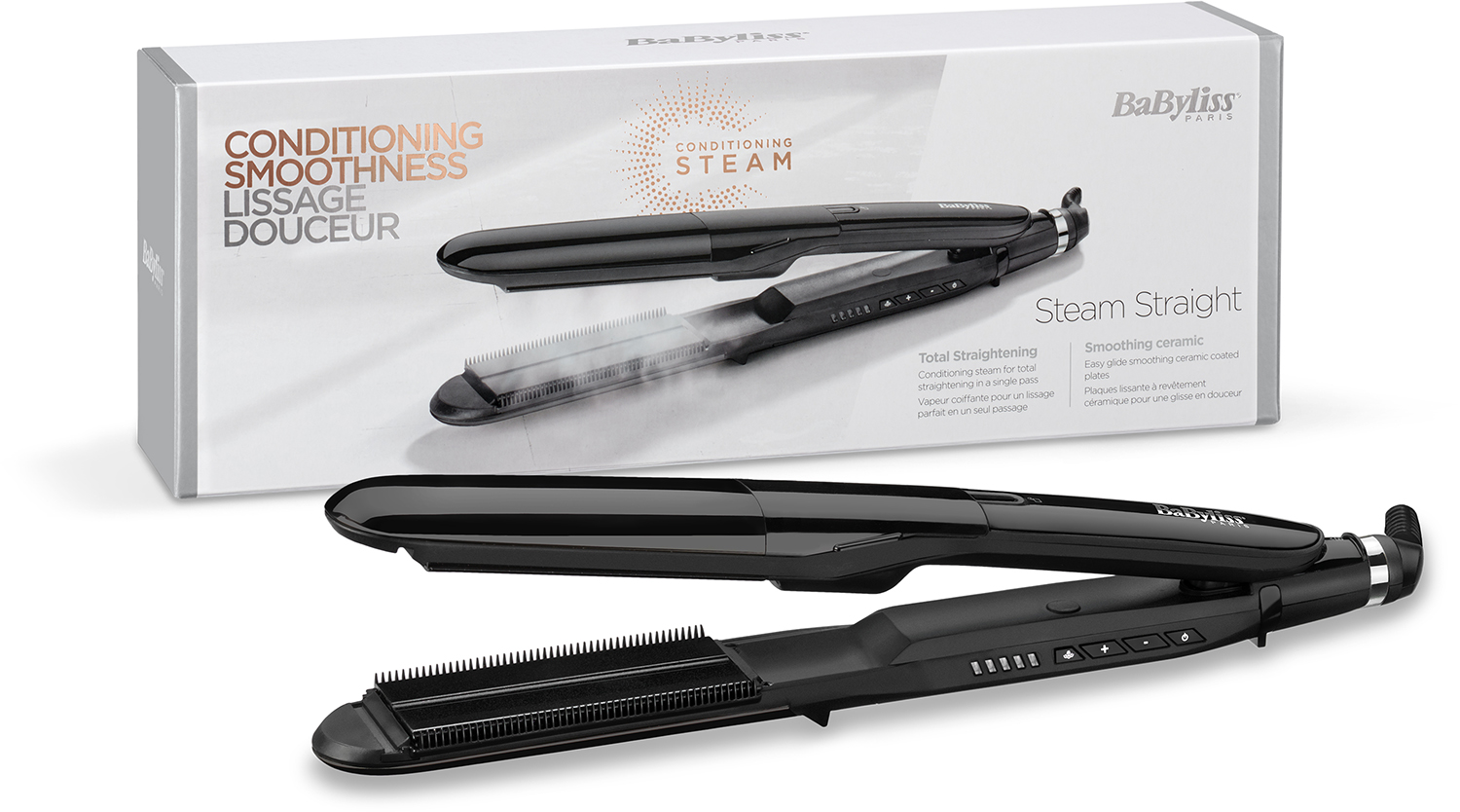 Black hair straightener with a white box on the background.