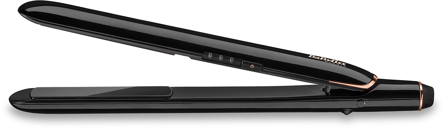 A black and rose gold hair straightener, open, on a white surface.