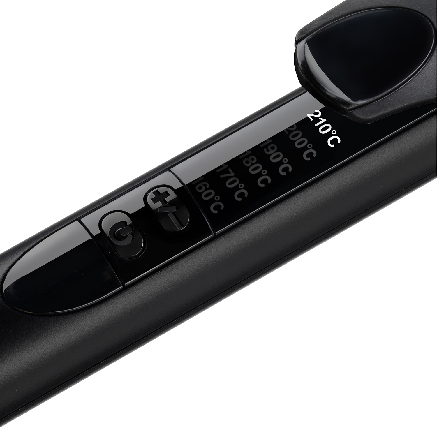 Close-up of a black hair straightener showing temperature settings from 60°C to 210°C.