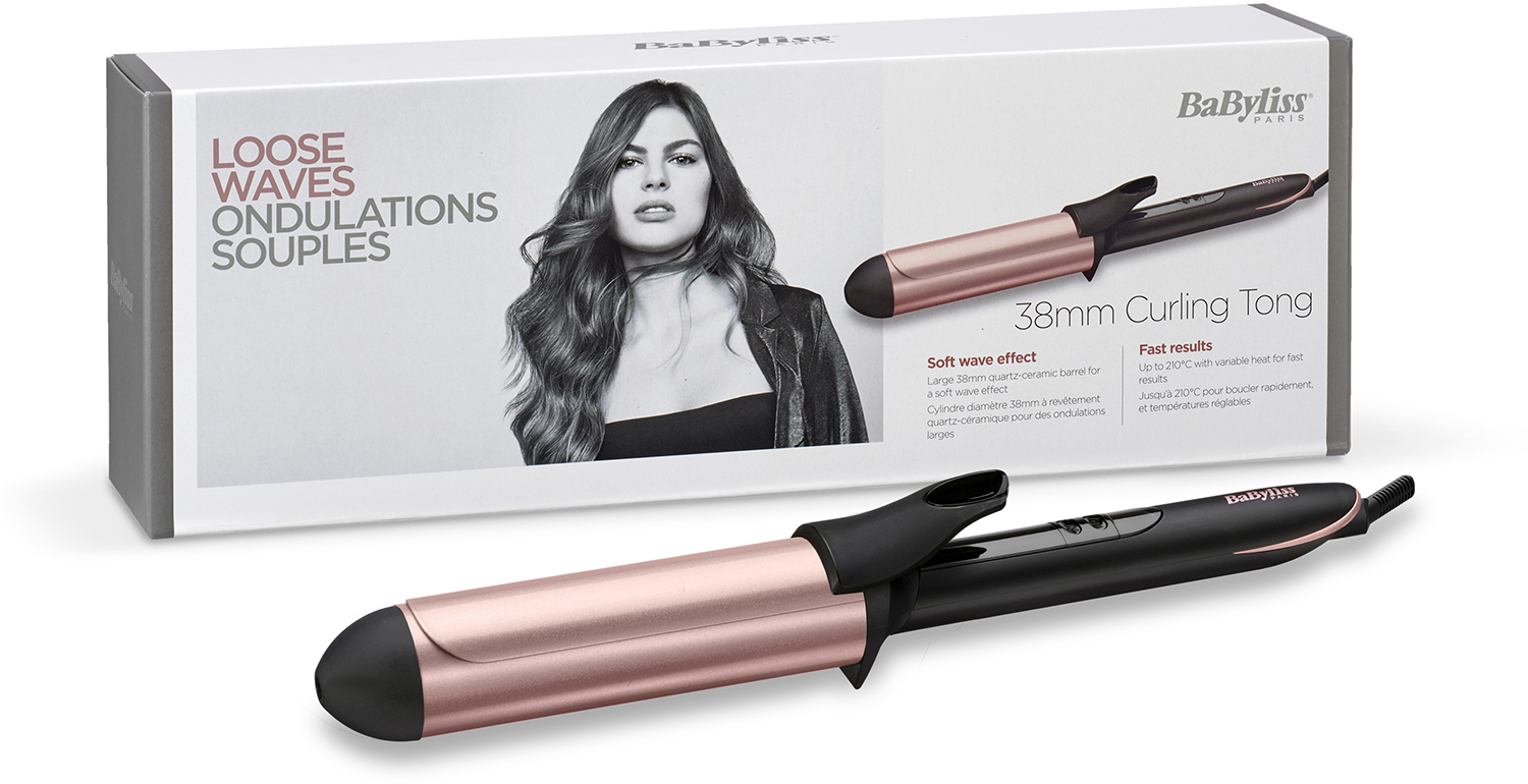 A hair curling iron set against a white background, with a box and product details.