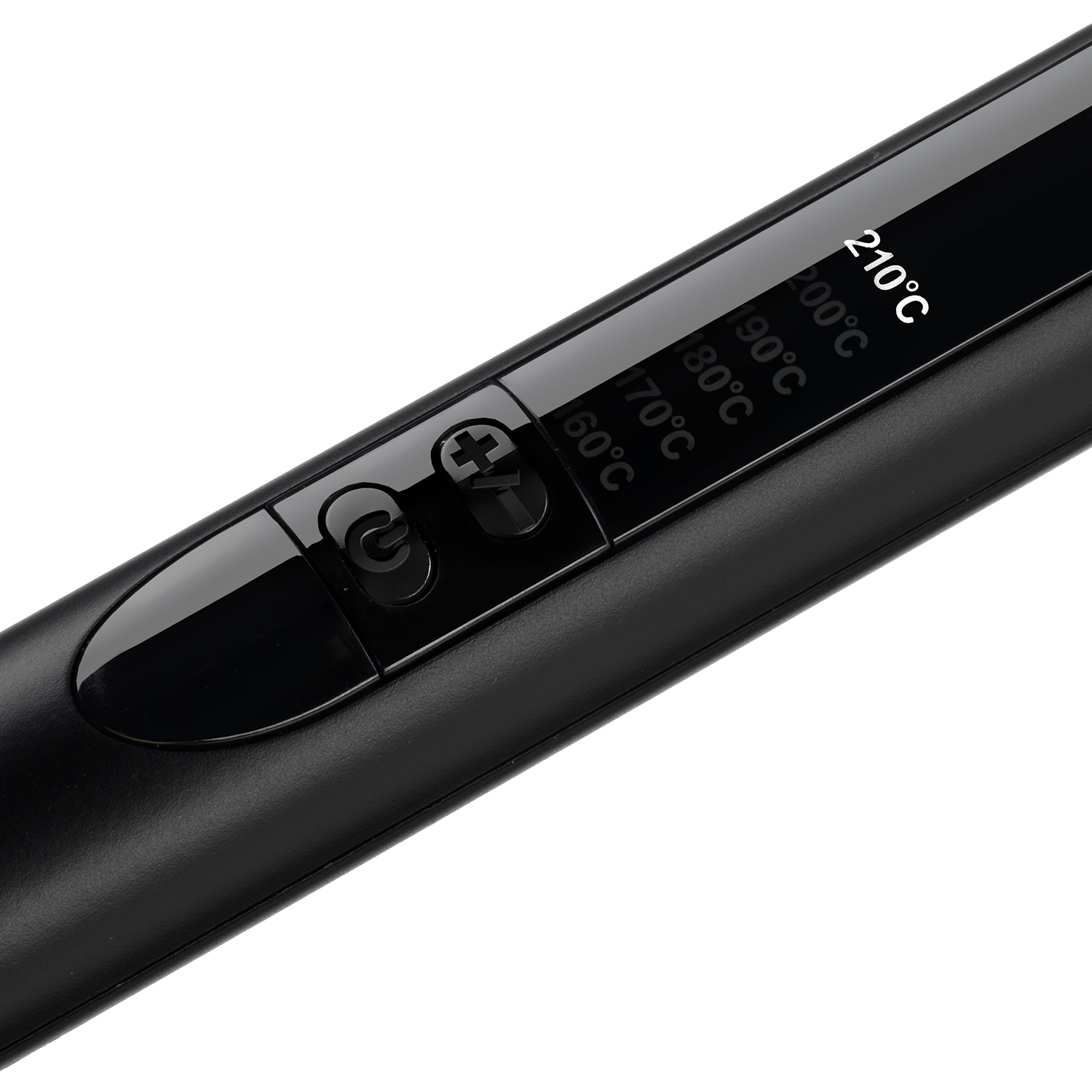 Close-up of a black hair straightener with temperature settings from 60°C to 210°C visible.