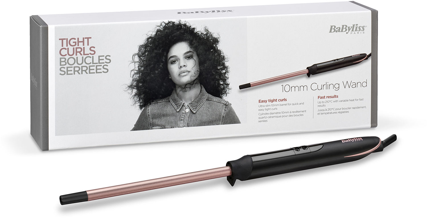 Box with a curling wand and a woman with curly hair.