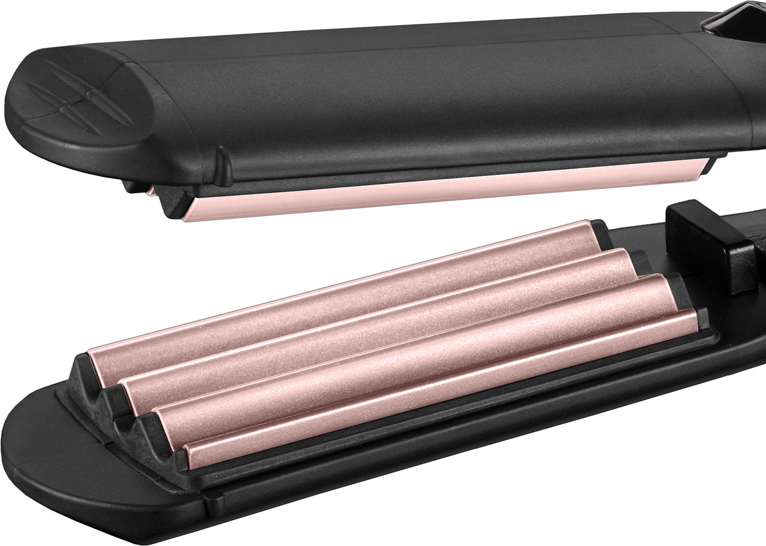 Een zwarte haar-krultang met roze krulplaten. De platen zijn open en tonen het golfpatroon.