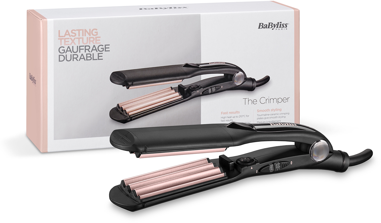 Zwarte krultang met roségouden platen, voor de doos. Doos toont tekst en het merk BabyLiss.