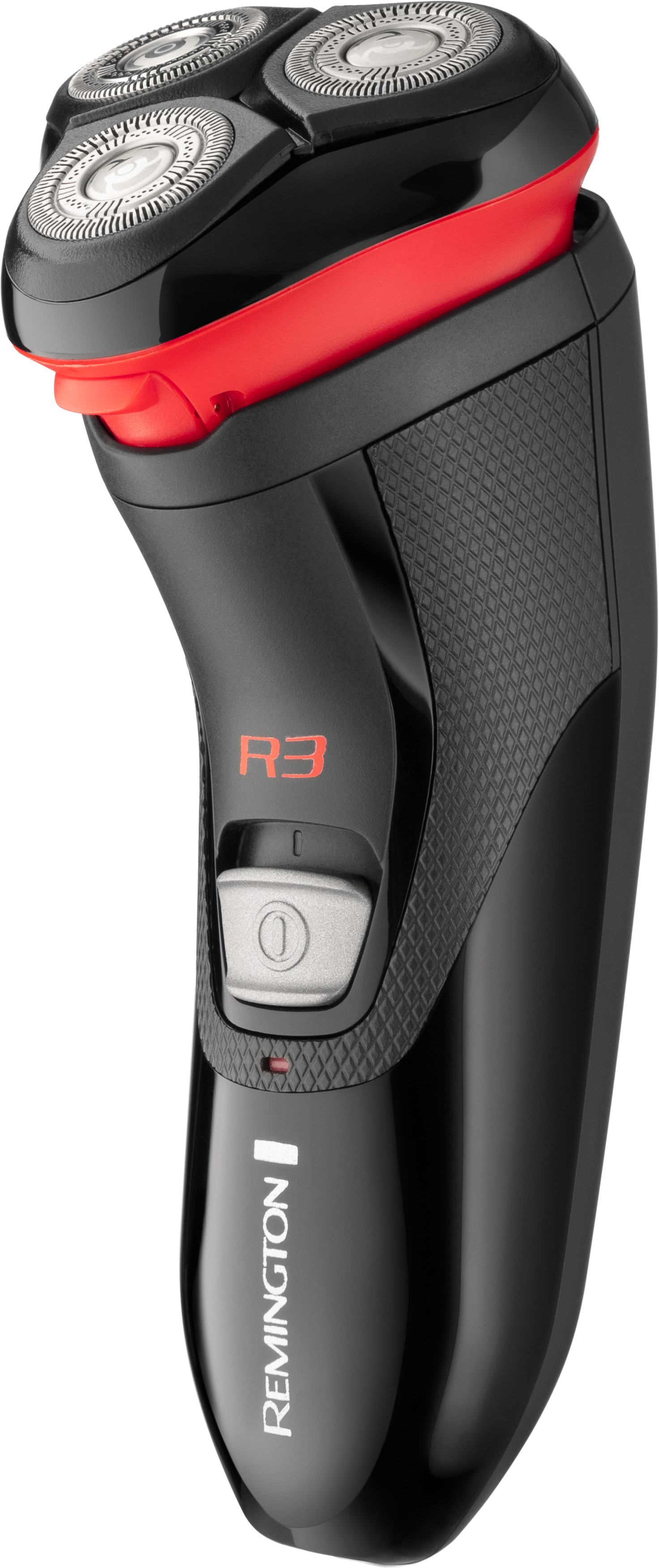 Remington R3 Elektrorasierer, schwarz und rot, mit Ein-/Aus-Taste.