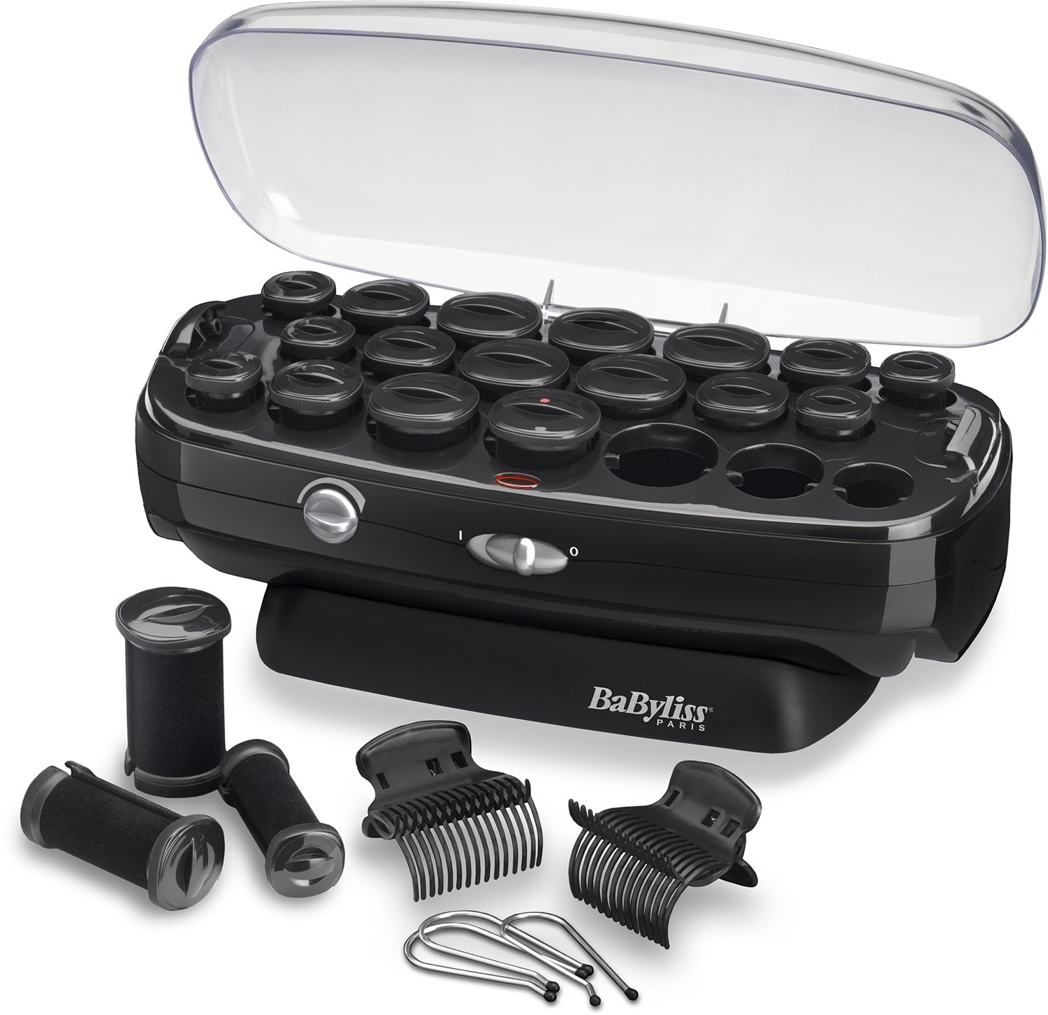 Black hair roller set with rollers, clips, and a clear lid. It has a black base.