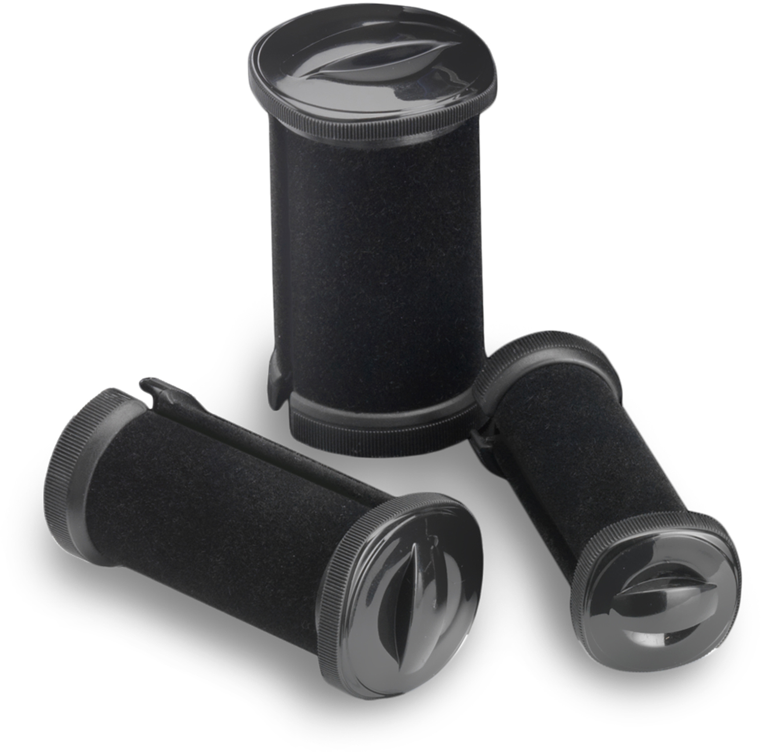 Three black hair rollers with gray tops. They are lying on a white background.