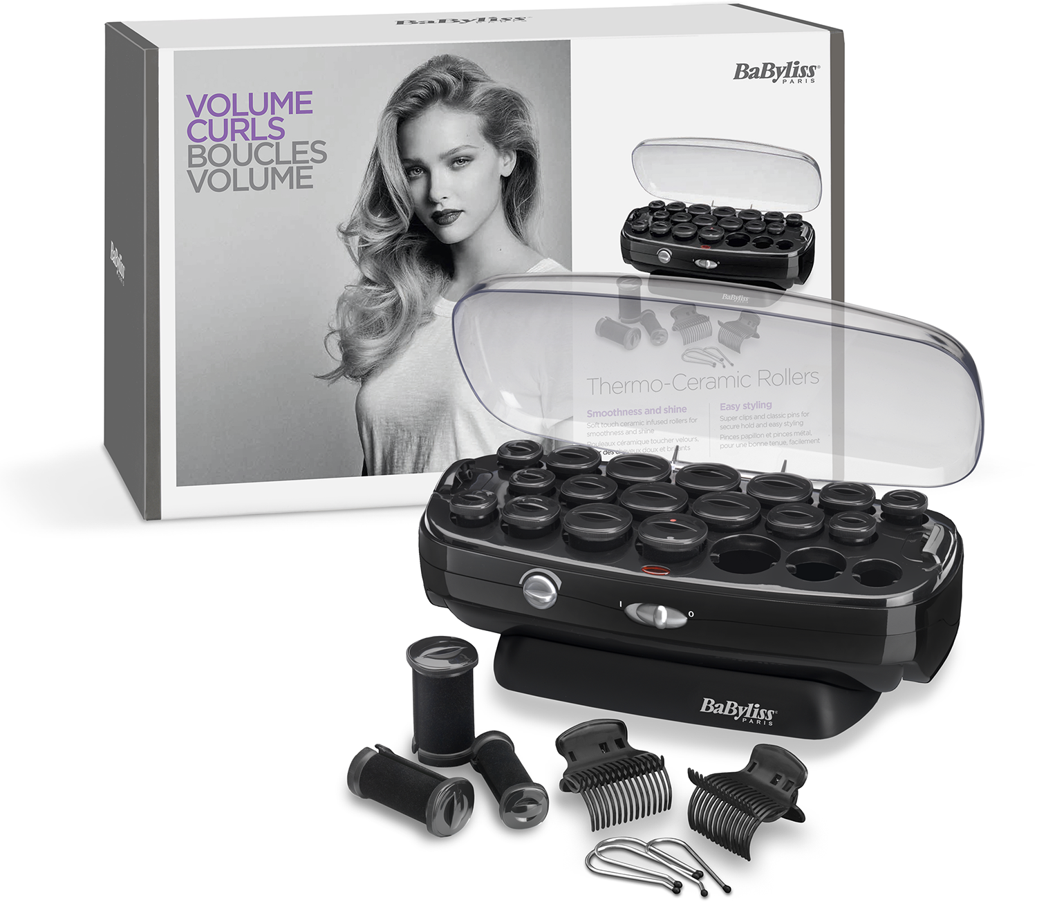 Hair rollers and accessories in a box with a woman's image and the text 'Volume Curls'.