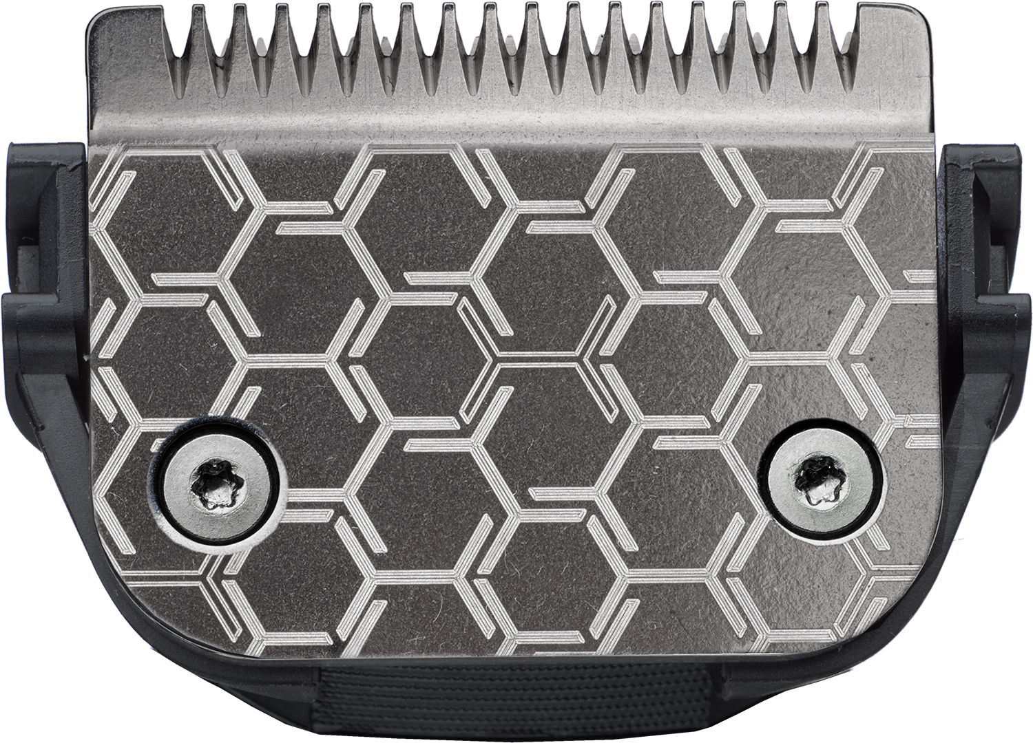 Close-up view of a clipper blade with a honeycomb pattern and two screws.