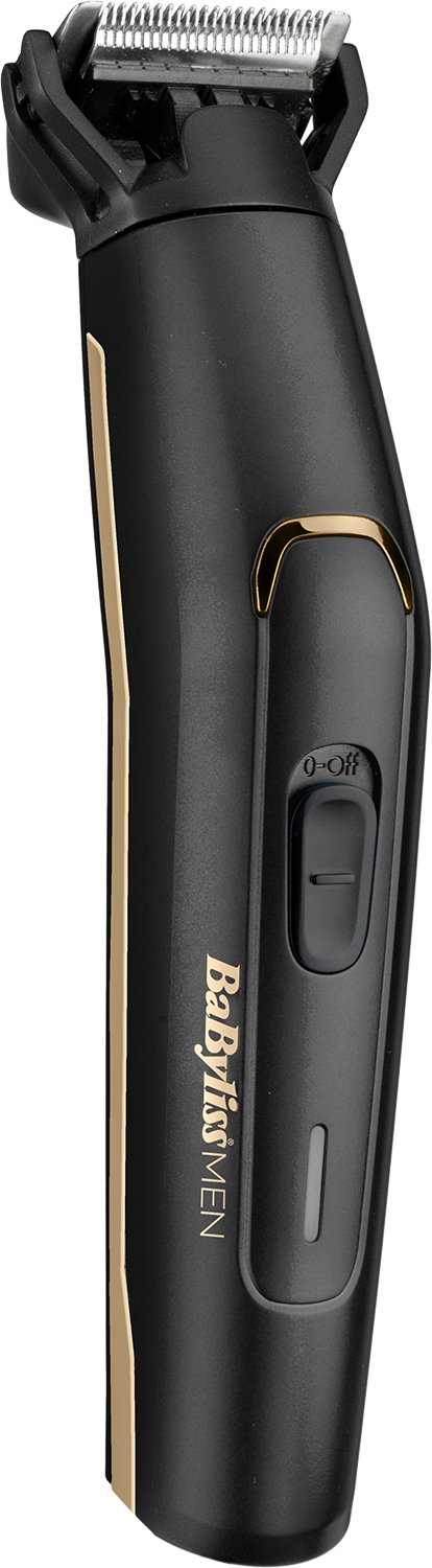 Black and gold electric beard trimmer with a power button and blade visible.