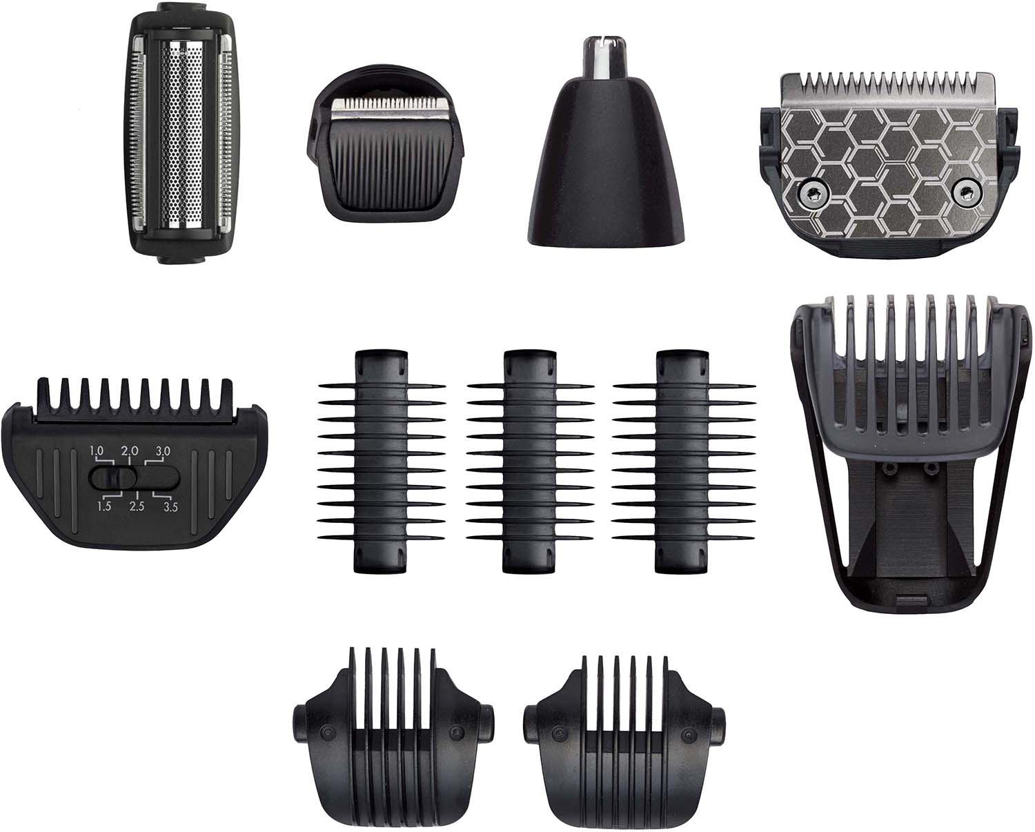 Assortment of grooming attachments for a trimmer.