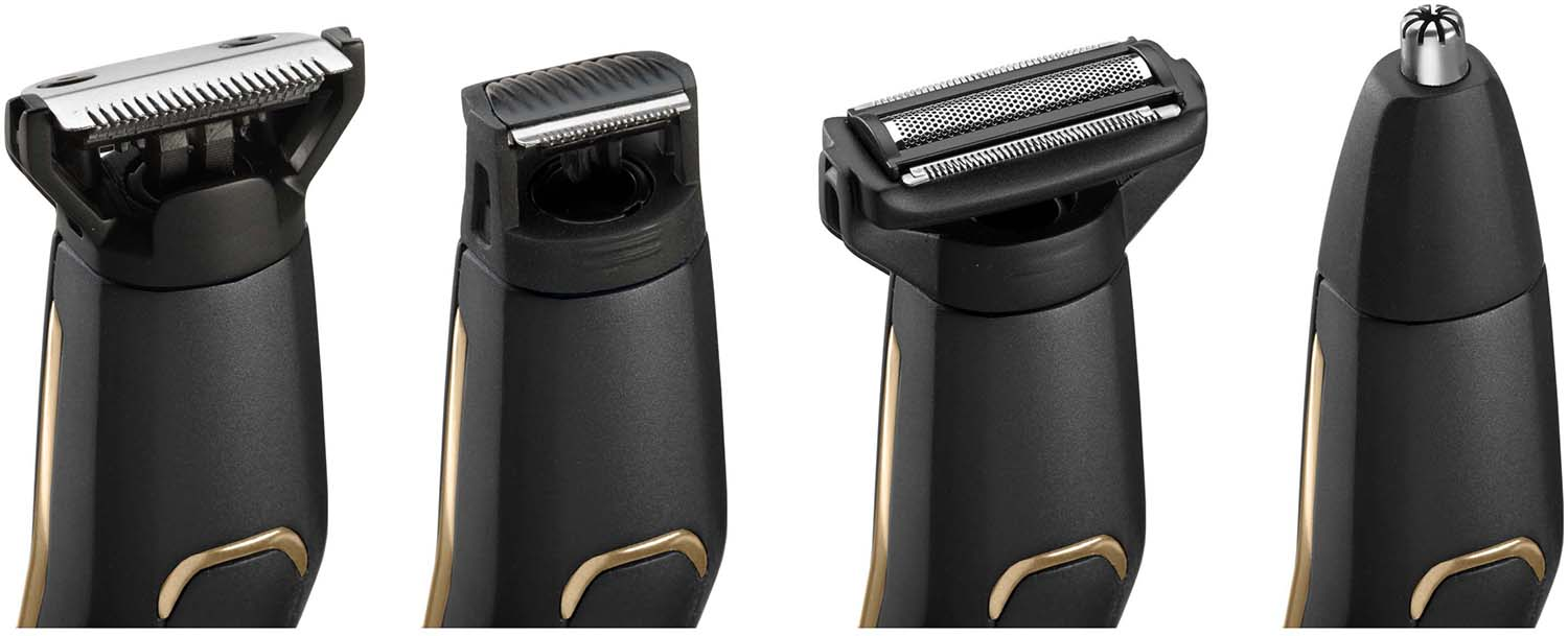 Four different attachments for a trimmer. Various blades and cutting heads visible.
