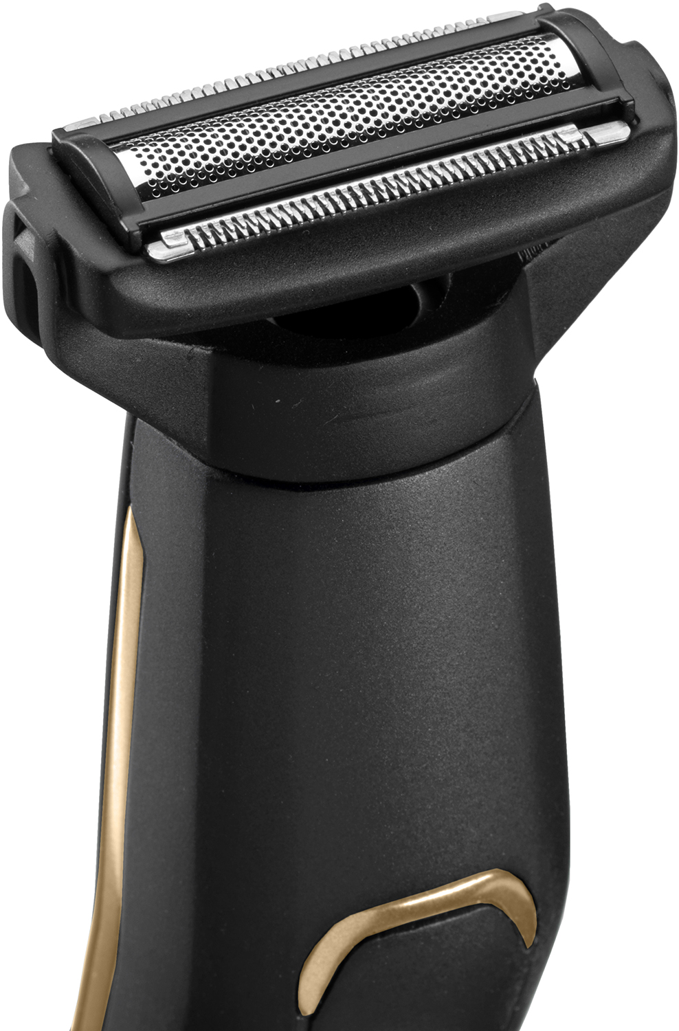 Close-up of a black and gold electric shaver trimmer head.