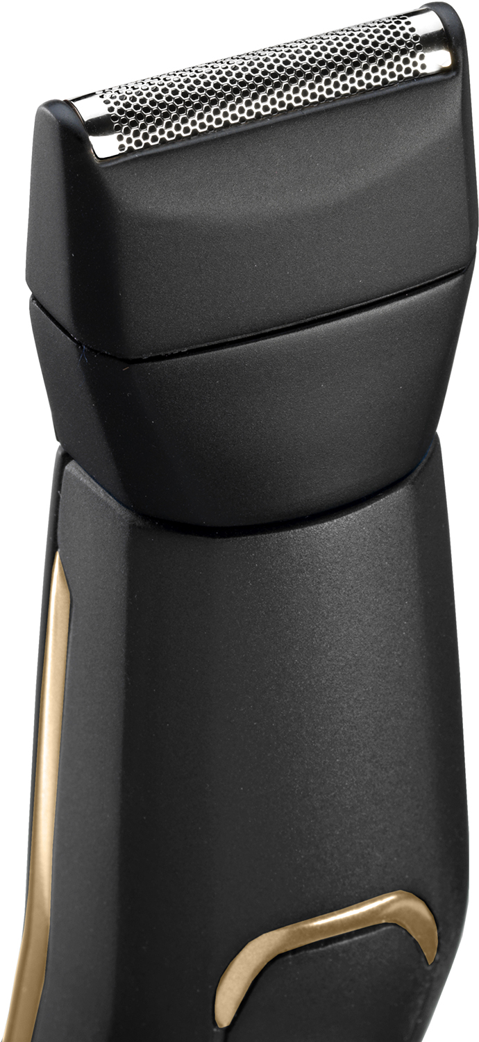 Close-up of a black and gold electric shaver trimmer head.