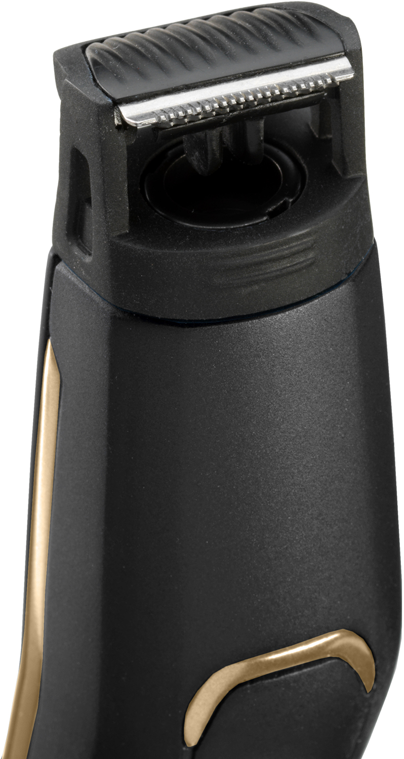 Close up of black and gold electric trimmer blade, detail shot.
