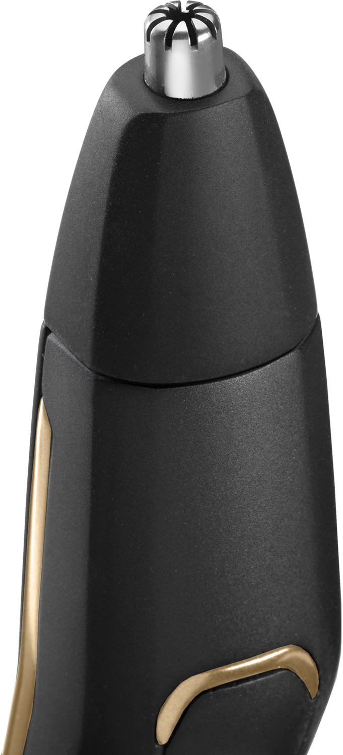 Black nose hair trimmer, with a silver trimmer head and gold accent. Black and gold design.