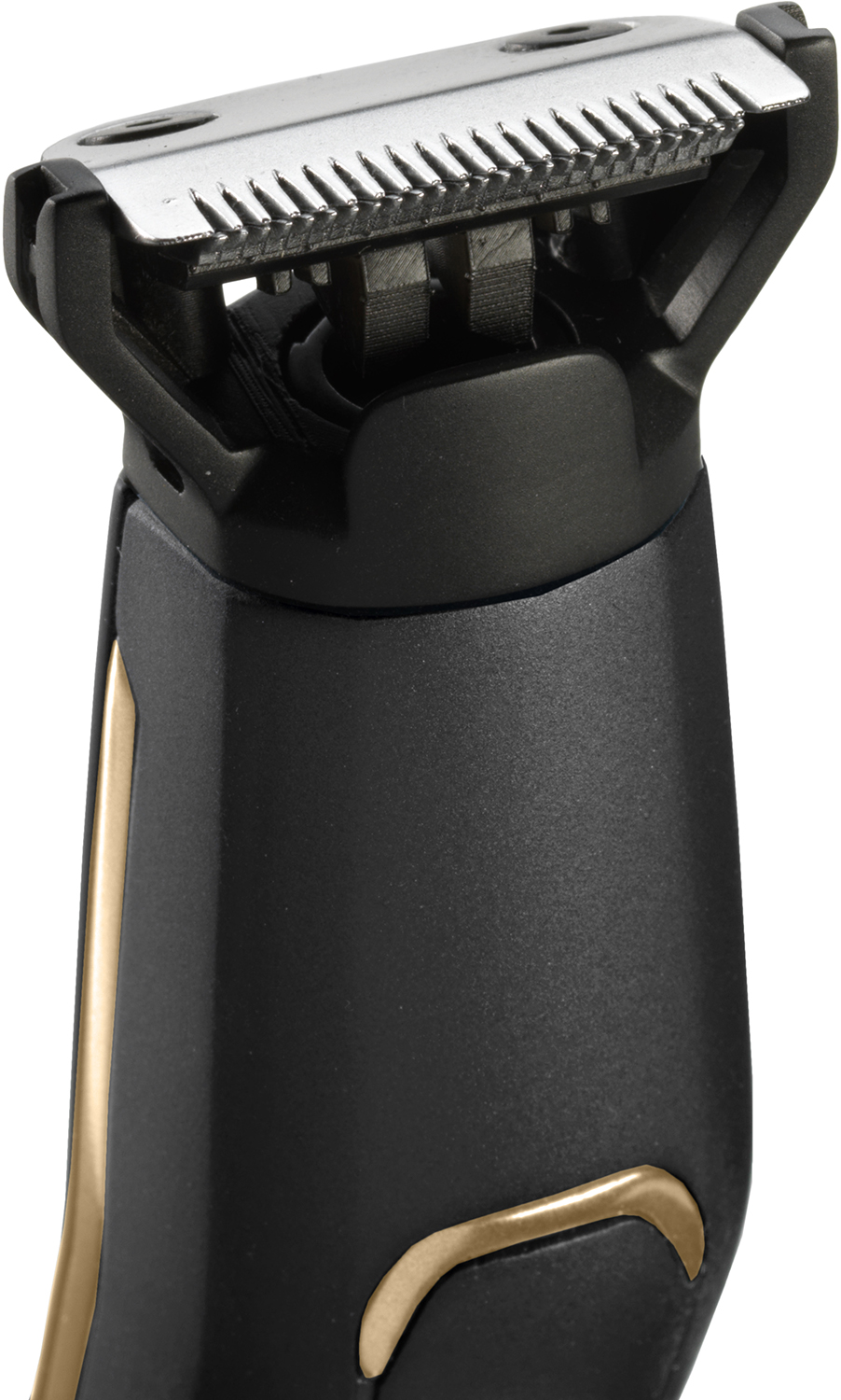 Close-up of a black and gold electric shaver head with blades.