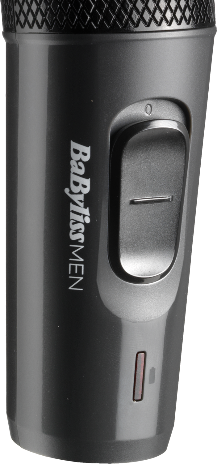 Close-up of a black BabylissMEN trimmer, isolated on white.