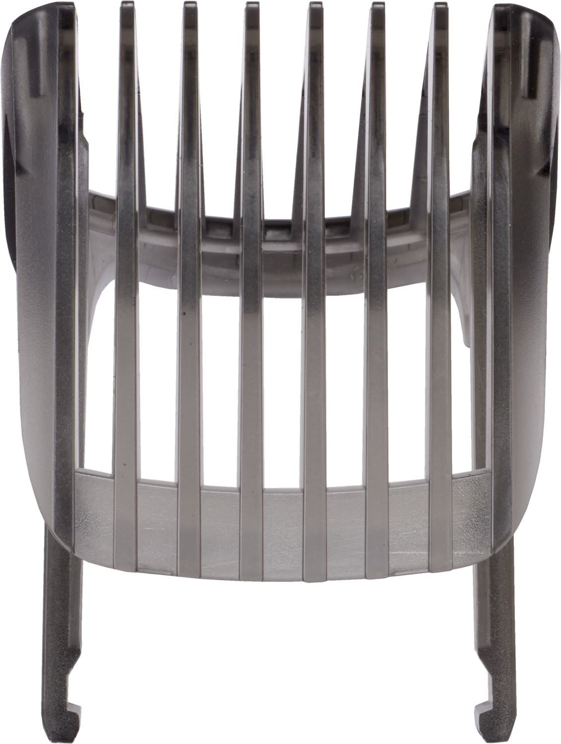 Close-up of a silver hair clipper attachment. The attachment has vertical blades.